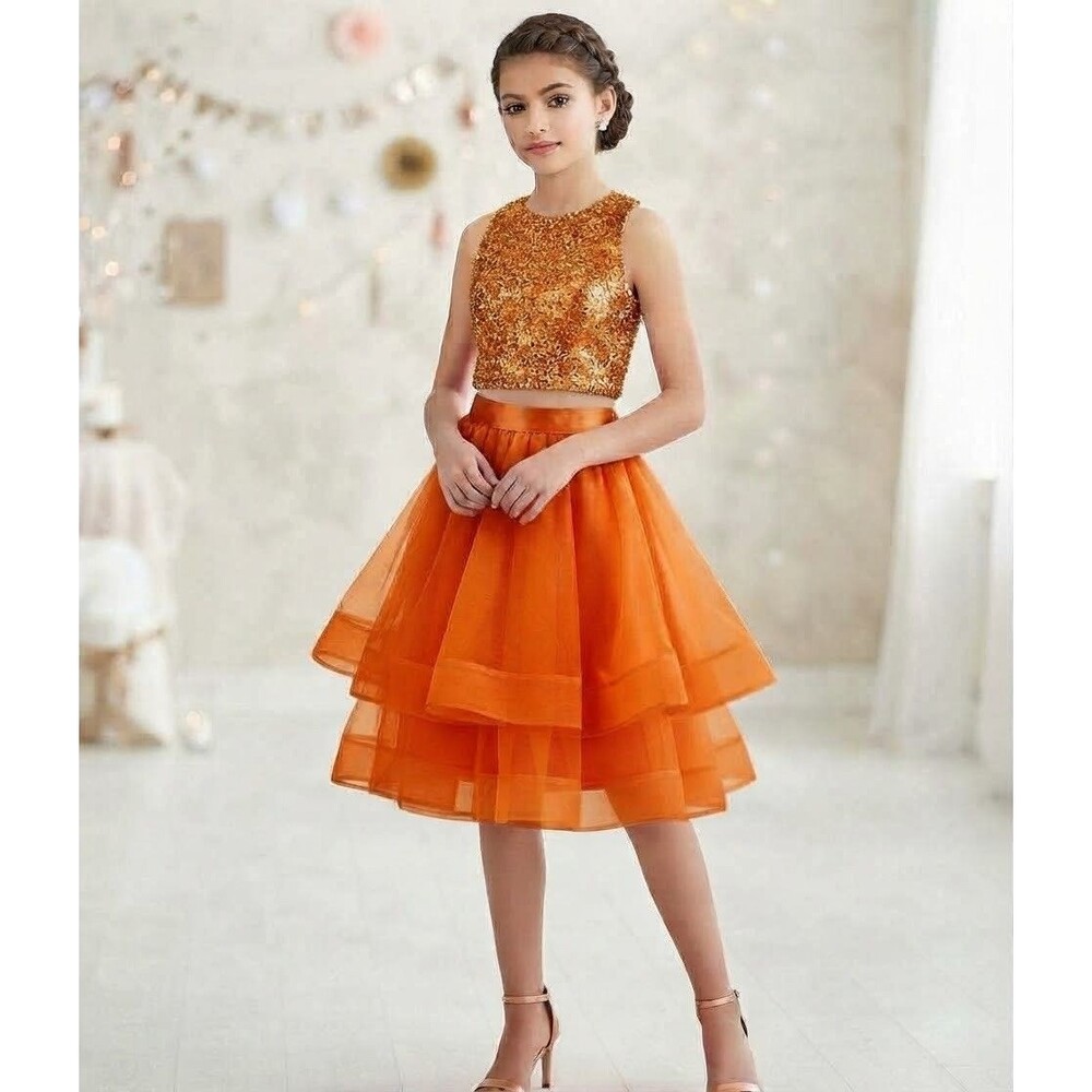 Sequin Hearts home Dress size Small 2 Pc orange Lace Beaded Fit Flare